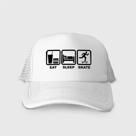 Кепка тракер с сеткой с принтом Eat sleep skate (Ешь, Спи, Катайся) в городе Новоалтайск, трикотажное полотно; задняя часть — сетка | длинный козырек, универсальный размер, пластиковая застежка | eat sleep skate | ешь | катайся | кровать | спи | экстремальный