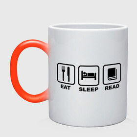 Кружка хамелеон с принтом Eat Sleep Read (Ешь, Спи, Читай) в городе Новоалтайск, керамика | меняет цвет при нагревании, емкость 330 мл | eat sleep read | вилка | ешь | книга | отдых | сон | спи | студенческие | читай
