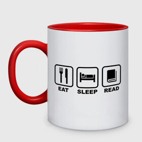 Кружка двухцветная с принтом Eat Sleep Read (Ешь, Спи, Читай) в городе Новоалтайск, керамика | объем — 330 мл, диаметр — 80 мм. Цветная ручка и кайма сверху, в некоторых цветах — вся внутренняя часть | eat sleep read | вилка | ешь | книга | отдых | сон | спи | студенческие | читай