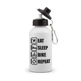Бутылка спортивная с принтом Eat Sleep Bike Repeat в городе Новоалтайск, металл | емкость — 500 мл, в комплекте две пластиковые крышки и карабин для крепления | Тематика изображения на принте: bike | eat | eat sleep bike repeat | repeat | sleep | велоспорт | кровать | спорт