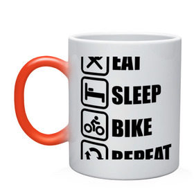 Кружка хамелеон с принтом Eat Sleep Bike Repeat в городе Новоалтайск, керамика | меняет цвет при нагревании, емкость 330 мл | Тематика изображения на принте: bike | eat | eat sleep bike repeat | repeat | sleep | велоспорт | кровать | спорт