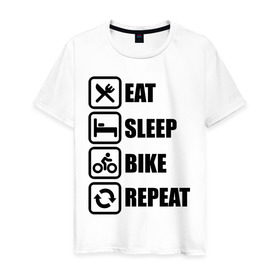 Мужская футболка хлопок с принтом Eat Sleep Bike Repeat в городе Новоалтайск, 100% хлопок | прямой крой, круглый вырез горловины, длина до линии бедер, слегка спущенное плечо. | Тематика изображения на принте: bike | eat | eat sleep bike repeat | repeat | sleep | велоспорт | кровать | спорт