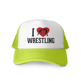 Кепка тракер с сеткой с принтом I love wrestling в городе Новоалтайск, трикотажное полотно; задняя часть — сетка | длинный козырек, универсальный размер, пластиковая застежка | i love wrestling | греко   римская борьба | любовь к спорту | сердце | спорт