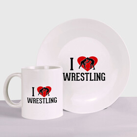 Набор: тарелка + кружка с принтом I love wrestling в городе Новоалтайск, керамика | Кружка: объем — 330 мл, диаметр — 80 мм. Принт наносится на бока кружки, можно сделать два разных изображения. 
Тарелка: диаметр - 210 мм, диаметр для нанесения принта - 120 мм. | i love wrestling | греко   римская борьба | любовь к спорту | сердце | спорт