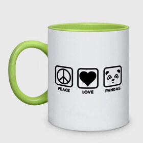 Кружка двухцветная с принтом Peace Love Pandas (Мир, Любовь, Панды) в городе Новоалтайск, керамика | объем — 330 мл, диаметр — 80 мм. Цветная ручка и кайма сверху, в некоторых цветах — вся внутренняя часть | Тематика изображения на принте: peace love pandas | животные | любовь | мир | панды | прикольные картинки