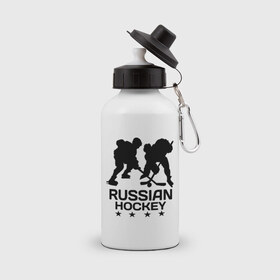 Бутылка спортивная с принтом Russian hockey (Русский хоккей) в городе Новоалтайск, металл | емкость — 500 мл, в комплекте две пластиковые крышки и карабин для крепления | russian hockey | клюшка | лед | русский хоккей | спорт | хоккей | шайба
