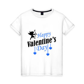 Женская футболка хлопок с принтом Happy Valentine`s day в городе Новоалтайск, 100% хлопок | прямой крой, круглый вырез горловины, длина до линии бедер, слегка спущенное плечо | 14 февраля | happy valentines day | love is.. | амур | влюбленным | идеи подарков день святого валентина | сердца