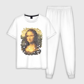 Мужская пижама хлопок с принтом Mona Lisa в городе Новоалтайск, 100% хлопок | брюки и футболка прямого кроя, без карманов, на брюках мягкая резинка на поясе и по низу штанин
 | Тематика изображения на принте: mona lisa | леонардо да винчи | мозаика | мона лиза | фреска