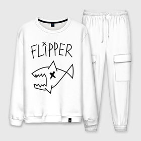Мужской костюм хлопок с принтом Flipper в городе Новоалтайск, 100% хлопок | на свитшоте круглая горловина, мягкая резинка по низу. Брюки заужены к низу, на них два вида карманов: два “обычных” по бокам и два объемных, с клапанами, расположенные ниже линии бедра. Брюки с мягкой трикотажной резинкой на поясе и по низу штанин. В поясе для дополнительного комфорта — широкие завязки | nirvana | акула | курта кобейна flipper | музыка | рок