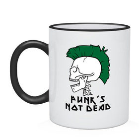 Кружка двухцветная с принтом Punk’s Not Dead (Панки не умирают) в городе Новоалтайск, керамика | объем — 330 мл, диаметр — 80 мм. Цветная ручка и кайма сверху, в некоторых цветах — вся внутренняя часть | Тематика изображения на принте: punk’s not dead | rok | ирокез | кости | музыка | панки | панки не умирают | рок | череп