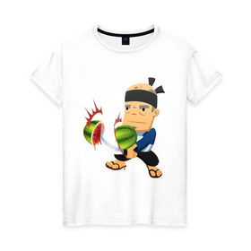 Женская футболка хлопок с принтом Fruit Ninja в городе Новоалтайск, 100% хлопок | прямой крой, круглый вырез горловины, длина до линии бедер, слегка спущенное плечо | fruit ninja | игры | мобильные игры | ниньзя | фруктовый ниньзя | фрукты