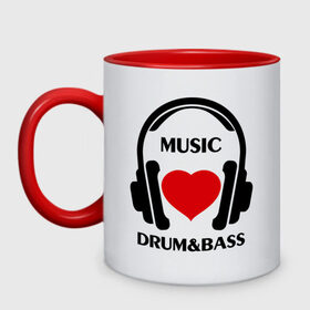 Кружка двухцветная с принтом Любимая музыка - Drum&Bass в городе Новоалтайск, керамика | объем — 330 мл, диаметр — 80 мм. Цветная ручка и кайма сверху, в некоторых цветах — вся внутренняя часть | dj | rnb | клубные | любимая музыка | музыка | наушники | сердечко