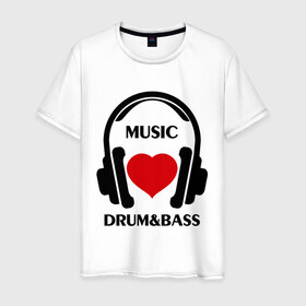 Мужская футболка хлопок с принтом Любимая музыка - Drum&Bass в городе Новоалтайск, 100% хлопок | прямой крой, круглый вырез горловины, длина до линии бедер, слегка спущенное плечо. | dj | rnb | клубные | любимая музыка | музыка | наушники | сердечко