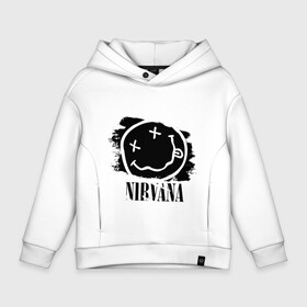 Детское худи Oversize хлопок с принтом Смайл NIRVANA в городе Новоалтайск, френч-терри — 70% хлопок, 30% полиэстер. Мягкий теплый начес внутри —100% хлопок | боковые карманы, эластичные манжеты и нижняя кромка, капюшон на магнитной кнопке | Тематика изображения на принте: kurt cobain | nirvana | rock | курт кобейн | нирвана | подарок | рожа | рожица | рок | смайл | смайлик | улыбка