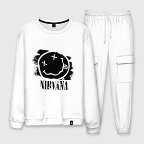 Мужской костюм хлопок с принтом Смайл NIRVANA в городе Новоалтайск, 100% хлопок | на свитшоте круглая горловина, мягкая резинка по низу. Брюки заужены к низу, на них два вида карманов: два “обычных” по бокам и два объемных, с клапанами, расположенные ниже линии бедра. Брюки с мягкой трикотажной резинкой на поясе и по низу штанин. В поясе для дополнительного комфорта — широкие завязки | Тематика изображения на принте: kurt cobain | nirvana | rock | курт кобейн | нирвана | подарок | рожа | рожица | рок | смайл | смайлик | улыбка