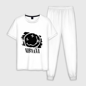 Мужская пижама хлопок с принтом Смайл NIRVANA в городе Новоалтайск, 100% хлопок | брюки и футболка прямого кроя, без карманов, на брюках мягкая резинка на поясе и по низу штанин
 | kurt cobain | nirvana | rock | курт кобейн | нирвана | подарок | рожа | рожица | рок | смайл | смайлик | улыбка