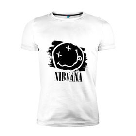 Мужская футболка премиум с принтом Смайл NIRVANA в городе Новоалтайск, 92% хлопок, 8% лайкра | приталенный силуэт, круглый вырез ворота, длина до линии бедра, короткий рукав | Тематика изображения на принте: kurt cobain | nirvana | rock | курт кобейн | нирвана | подарок | рожа | рожица | рок | смайл | смайлик | улыбка