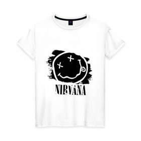 Женская футболка хлопок с принтом Смайл NIRVANA в городе Новоалтайск, 100% хлопок | прямой крой, круглый вырез горловины, длина до линии бедер, слегка спущенное плечо | kurt cobain | nirvana | rock | курт кобейн | нирвана | подарок | рожа | рожица | рок | смайл | смайлик | улыбка