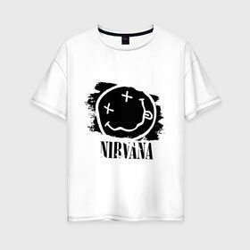 Женская футболка хлопок Oversize с принтом Смайл NIRVANA в городе Новоалтайск, 100% хлопок | свободный крой, круглый ворот, спущенный рукав, длина до линии бедер
 | kurt cobain | nirvana | rock | курт кобейн | нирвана | подарок | рожа | рожица | рок | смайл | смайлик | улыбка