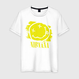 Мужская футболка хлопок с принтом смайл NIRVANA в городе Новоалтайск, 100% хлопок | прямой крой, круглый вырез горловины, длина до линии бедер, слегка спущенное плечо. | Тематика изображения на принте: kurt cobain | nirvana | rock | курт кобейн | нирвана | рожица | рок | смайл | смайлик | улыбка