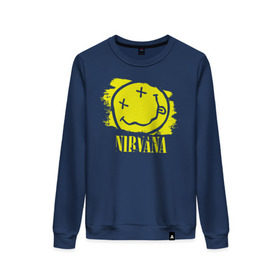 Женский свитшот хлопок с принтом смайл NIRVANA в городе Новоалтайск, 100% хлопок | прямой крой, круглый вырез, на манжетах и по низу широкая трикотажная резинка  | kurt cobain | nirvana | rock | курт кобейн | нирвана | рожица | рок | смайл | смайлик | улыбка