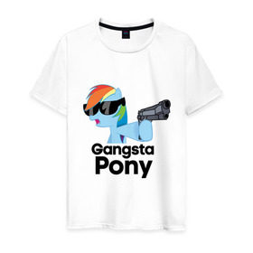 Мужская футболка хлопок с принтом Gangsta pony в городе Новоалтайск, 100% хлопок | прямой крой, круглый вырез горловины, длина до линии бедер, слегка спущенное плечо. | Тематика изображения на принте: gangsta pony | my little pony | pony | брони | ганста пони | оружие | очки | пистолет | пони