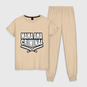 Женская пижама хлопок с принтом Mama ama criminal в городе Новоалтайск, 100% хлопок | брюки и футболка прямого кроя, без карманов, на брюках мягкая резинка на поясе и по низу штанин | underground | баста