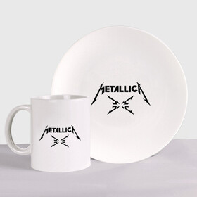 Набор: тарелка + кружка с принтом Metallica в городе Новоалтайск, керамика | Кружка: объем — 330 мл, диаметр — 80 мм. Принт наносится на бока кружки, можно сделать два разных изображения. 
Тарелка: диаметр - 210 мм, диаметр для нанесения принта - 120 мм. | Тематика изображения на принте: металлика