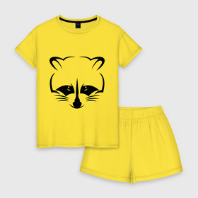 Женская пижама с шортиками хлопок с принтом Енот в городе Новоалтайск, 100% хлопок | футболка прямого кроя, шорты свободные с широкой мягкой резинкой | енот