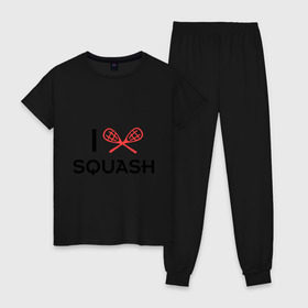 Женская пижама хлопок с принтом I LOVE SQUASH в городе Новоалтайск, 100% хлопок | брюки и футболка прямого кроя, без карманов, на брюках мягкая резинка на поясе и по низу штанин | squash | ракетка | сквош