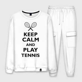 Мужской костюм хлопок с принтом Play tennis в городе Новоалтайск, 100% хлопок | на свитшоте круглая горловина, мягкая резинка по низу. Брюки заужены к низу, на них два вида карманов: два “обычных” по бокам и два объемных, с клапанами, расположенные ниже линии бедра. Брюки с мягкой трикотажной резинкой на поясе и по низу штанин. В поясе для дополнительного комфорта — широкие завязки | ракетка | тенис | теннис | теннисист