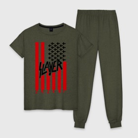 Женская пижама хлопок с принтом Slayer flag в городе Новоалтайск, 100% хлопок | брюки и футболка прямого кроя, без карманов, на брюках мягкая резинка на поясе и по низу штанин | flag | slayer | америка | музыка | рок | сша | флаг