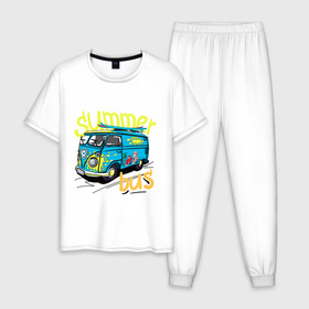 Мужская пижама хлопок с принтом Summer bus в городе Новоалтайск, 100% хлопок | брюки и футболка прямого кроя, без карманов, на брюках мягкая резинка на поясе и по низу штанин
 | Тематика изображения на принте: summer bus | автобус | автомобиль | доска | лето | машина | серфинг