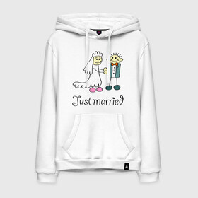 Мужская толстовка хлопок с принтом Just married в городе Новоалтайск, френч-терри, мягкий теплый начес внутри (100% хлопок) | карман-кенгуру, эластичные манжеты и нижняя кромка, капюшон с подкладом и шнурком | Тематика изображения на принте: just | married | жених | молодожены | невеста | свадьба