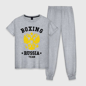 Женская пижама хлопок с принтом Boxing Russia Team в городе Новоалтайск, 100% хлопок | брюки и футболка прямого кроя, без карманов, на брюках мягкая резинка на поясе и по низу штанин | boxing | russia | team | бокс | герб | орел | россия | русский