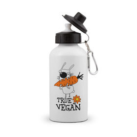 Бутылка спортивная с принтом True vegan (истинный веган) в городе Новоалтайск, металл | емкость — 500 мл, в комплекте две пластиковые крышки и карабин для крепления | carrot | flower | rabbit | true | vegan | веган | заяц | истинный | морковка | ролик | цветок | экология