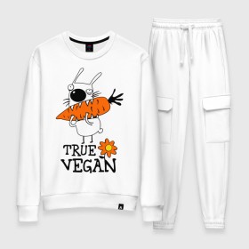 Женский костюм хлопок с принтом True vegan (истинный веган) в городе Новоалтайск, 100% хлопок | на свитшоте круглая горловина, мягкая резинка по низу. Брюки заужены к низу, на них два вида карманов: два 