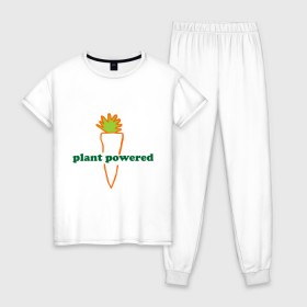 Женская пижама хлопок с принтом Vegetarian plant powered в городе Новоалтайск, 100% хлопок | брюки и футболка прямого кроя, без карманов, на брюках мягкая резинка на поясе и по низу штанин | carrot | plant | power | vegan. vegeterian | веган | вегетарианец | заряжен | морковь | овощи | растение | сила | фрукты