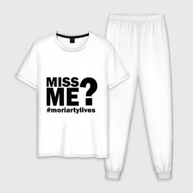 Мужская пижама хлопок с принтом Miss me? Moriarty в городе Новоалтайск, 100% хлопок | брюки и футболка прямого кроя, без карманов, на брюках мягкая резинка на поясе и по низу штанин
 | lives | me | miss | moriarty | жив | мне | мориарти | скучал | хештег | хэштег