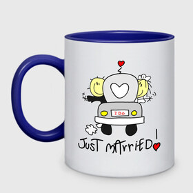 Кружка двухцветная с принтом Just Married - медовый месяц в городе Новоалтайск, керамика | объем — 330 мл, диаметр — 80 мм. Цветная ручка и кайма сверху, в некоторых цветах — вся внутренняя часть | Тематика изображения на принте: 