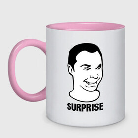 Кружка двухцветная с принтом surprise (Sheldon) в городе Новоалтайск, керамика | объем — 330 мл, диаметр — 80 мм. Цветная ручка и кайма сверху, в некоторых цветах — вся внутренняя часть | surprise | сюрприз | теория большого взрыва