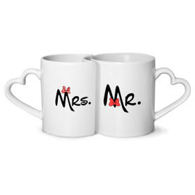 Кружки парные с принтом Mrs & Mr в городе Новоалтайск, белая керамика | круглая кружка — 220 мл, кружка с выемкой — 200 мл | 