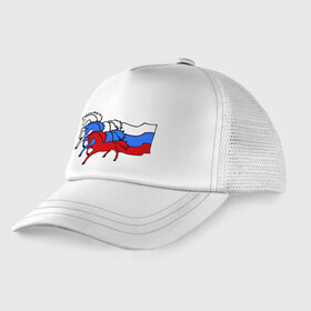 Детская кепка тракер с принтом Сильная Россия в городе Новоалтайск, Козырек - 100% хлопок. Кепка - 100% полиэстер, Задняя часть - сетка | универсальный размер, пластиковая застёжка | Тематика изображения на принте: кони | лошадь | россия | сильная | триколор | тройка | флаг