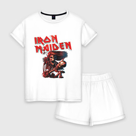 Женская пижама с шортиками хлопок с принтом Iron Maiden в городе Новоалтайск, 100% хлопок | футболка прямого кроя, шорты свободные с широкой мягкой резинкой | гитара | скелет