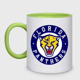 Кружка двухцветная с принтом HC Florida Panthers в городе Новоалтайск, керамика | объем — 330 мл, диаметр — 80 мм. Цветная ручка и кайма сверху, в некоторых цветах — вся внутренняя часть | Тематика изображения на принте: club | florida | hockey | panthers | клуб | хоккей