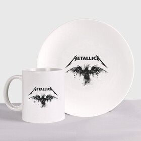 Набор: тарелка + кружка с принтом Metallica в городе Новоалтайск, керамика | Кружка: объем — 330 мл, диаметр — 80 мм. Принт наносится на бока кружки, можно сделать два разных изображения. 
Тарелка: диаметр - 210 мм, диаметр для нанесения принта - 120 мм. | Тематика изображения на принте: metallica | музыка | рок