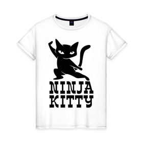 Женская футболка хлопок с принтом Ninja kitty в городе Новоалтайск, 100% хлопок | прямой крой, круглый вырез горловины, длина до линии бедер, слегка спущенное плечо | cat | kitty | ninja | киса | кот | котенок | кошка | ниндзя | нинзя