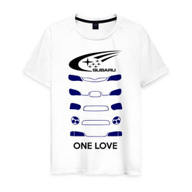 Мужская футболка хлопок с принтом One love subaru в городе Новоалтайск, 100% хлопок | прямой крой, круглый вырез горловины, длина до линии бедер, слегка спущенное плечо. | Тематика изображения на принте: logo | one love | sti | subaru | авто | лого | субарик | субару
