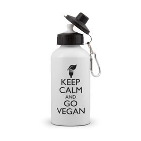 Бутылка спортивная с принтом Keep calm and go vegan в городе Новоалтайск, металл | емкость — 500 мл, в комплекте две пластиковые крышки и карабин для крепления | Тематика изображения на принте: keep calm | vegan | веган | вегетарианец | сохраняй спокойствие