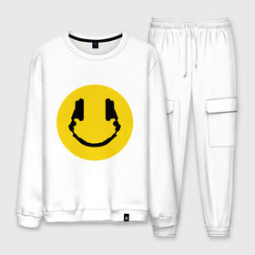 Мужской костюм хлопок с принтом Smile Music в городе Новоалтайск, 100% хлопок | на свитшоте круглая горловина, мягкая резинка по низу. Брюки заужены к низу, на них два вида карманов: два “обычных” по бокам и два объемных, с клапанами, расположенные ниже линии бедра. Брюки с мягкой трикотажной резинкой на поясе и по низу штанин. В поясе для дополнительного комфорта — широкие завязки | music | smile | смайл наушники